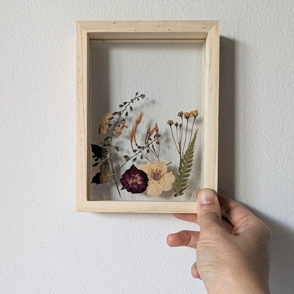 A right hand holding a sample framed artwork using materials from Florapeutic Pressed Flower Art DIY Kit